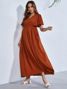 SHEIN Maternity V Neck Butterfly Sleeve Dress - Rust Brown - View 5