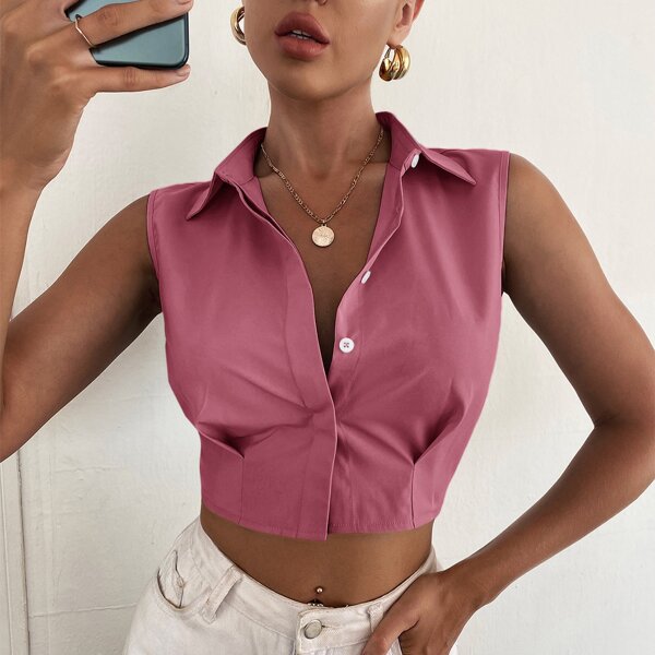 

Solid Sleeveless Button Up Blouse, Hot pink