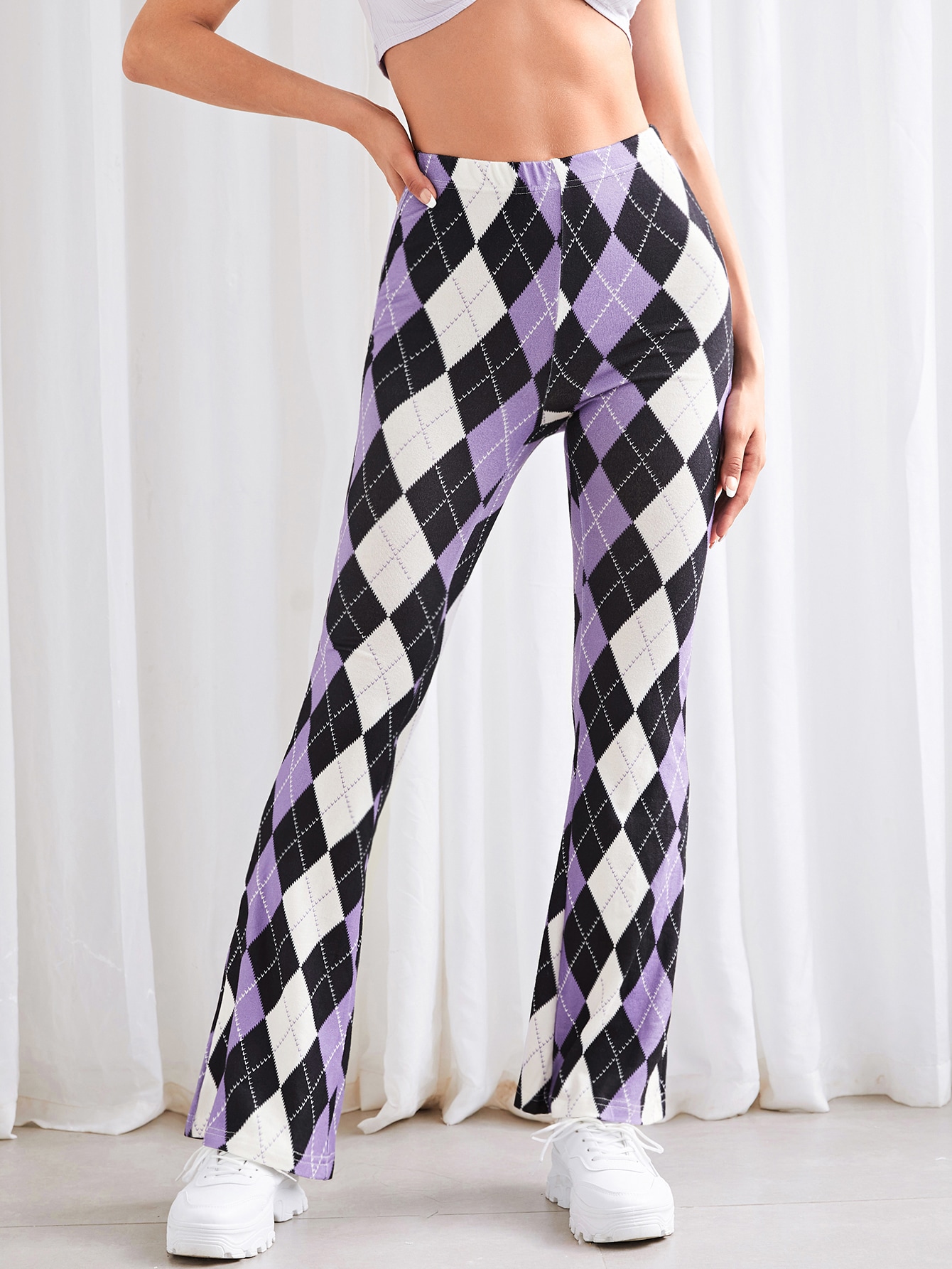 Our High Waist Argyle Print Flare Leg Pants is such a vibe - ROMWE