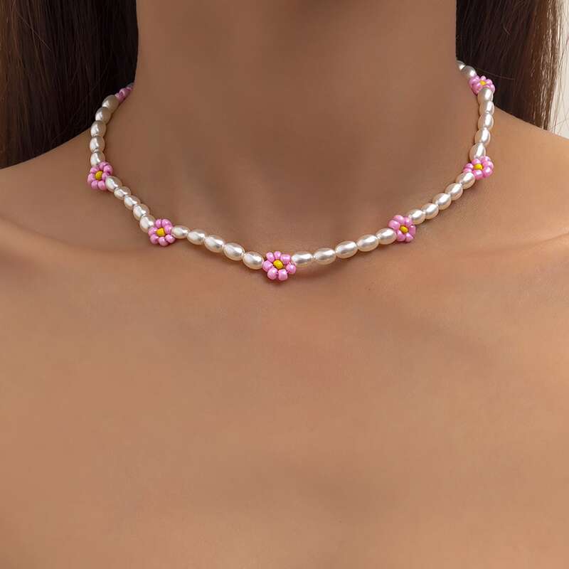 

Faux Pearl Beaded Necklace, Pink