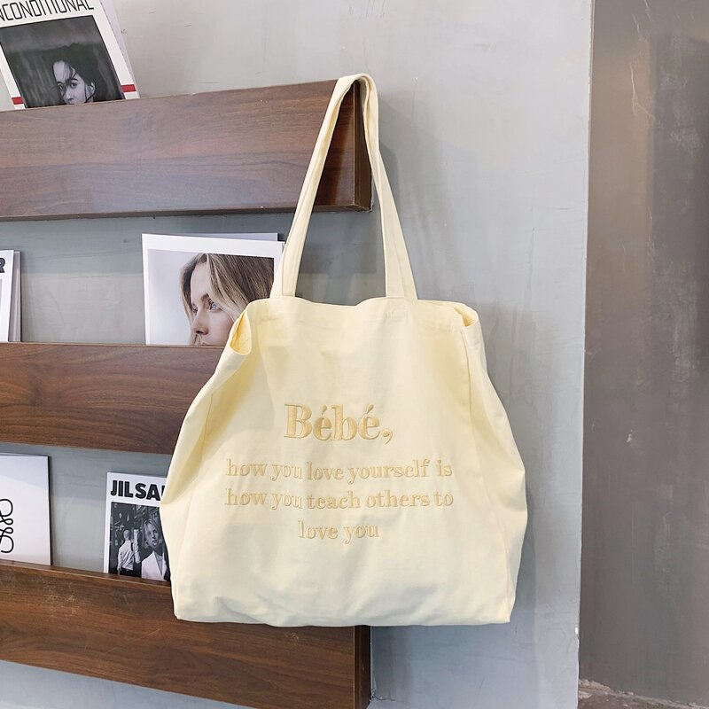 

Letter Embroidered Tote Bag, Beige