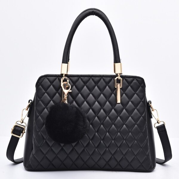 

Pom Pom Charm Quilted Tote Bag, Black