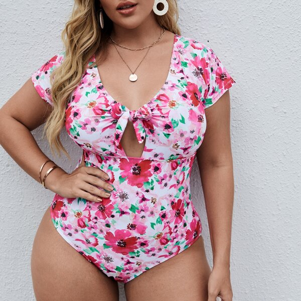 

Plus Floral Print Knot Front One Piece Swimsuit, Multicolor