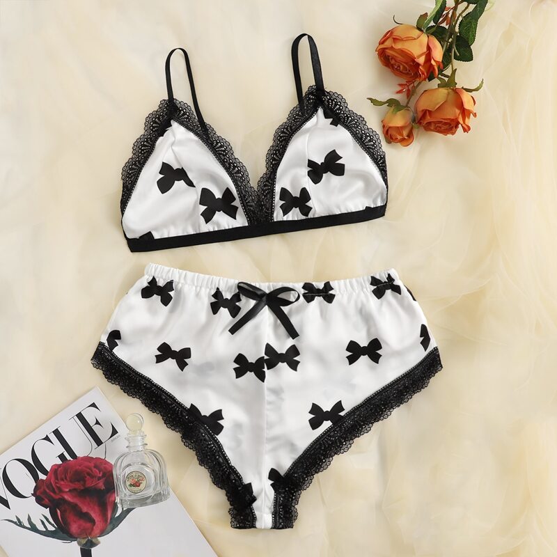 

Bow Print Lace Trim Satin Lingerie Set, Black and white