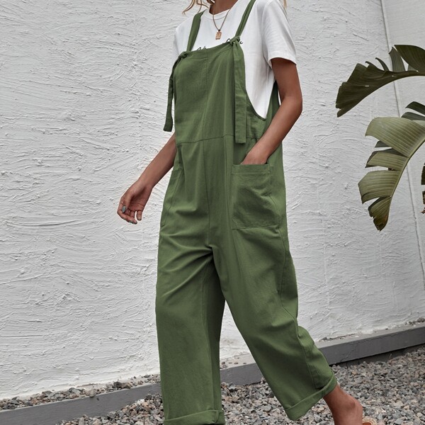 

Solid Dual Pocket Suspender Jumpsuit, Green