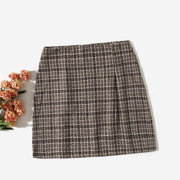 

Plaid Tweed Straight Skirt, Multicolor