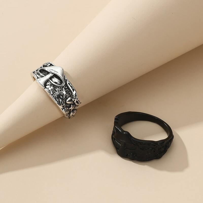 

2pcs Mushroom Engraved Ring, Black and white