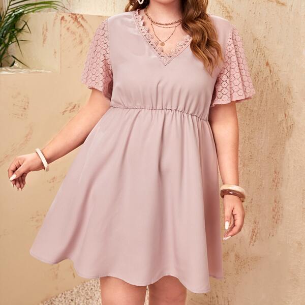 

Plus Lace Butterfly Sleeve Dress, Dusty pink