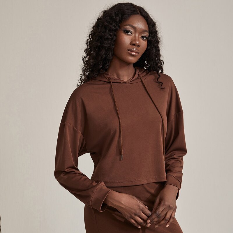 

Drop Shoulder Drawstring Hoodie, Coffee brown