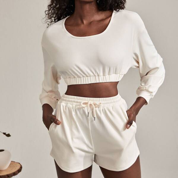 

Solid Crop Sweatshirt & Drawstring Waist Track Shorts, Beige