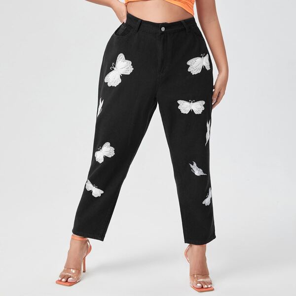 

Plus High Waist Butterfly Embroidery Jeans, Black