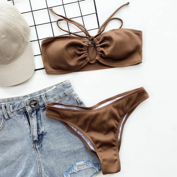 

Solid Rib Halter Bikini Swimsuit, Coffee brown