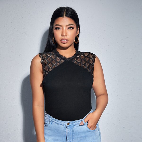 

Plus Contrast Lace Cut Out Tank Top, Black