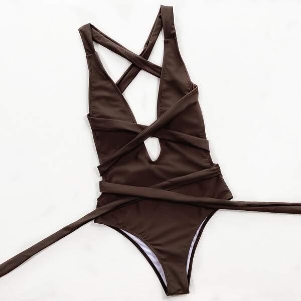 

Knot Front Plunging One Piece Swimsuit, Coffee brown