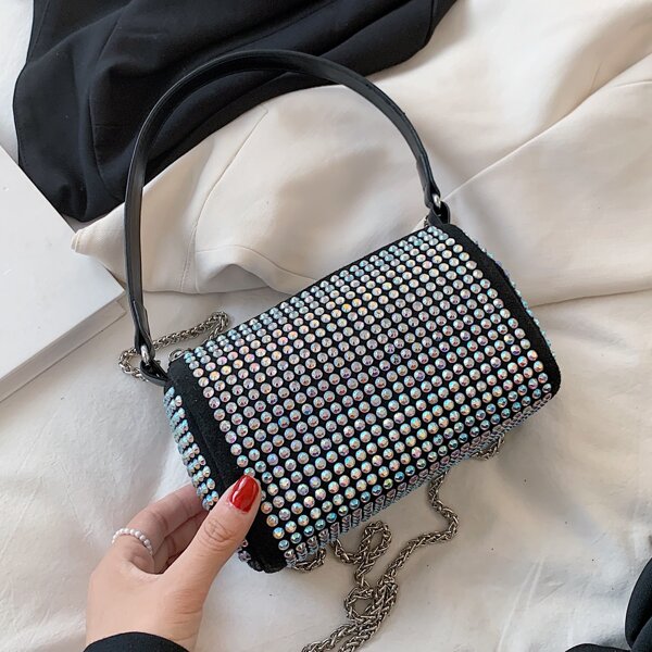 

Rhinestone Decor Chain Shoulder Bag, Black