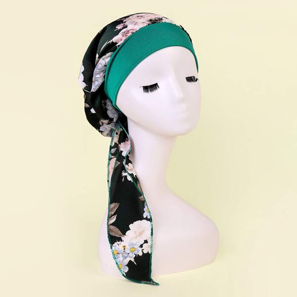 

Flower Print Long Tail Head Wrap, Green