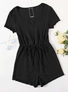 SHEIN EZwear Plus Drawstring Waist Lettuce Edge Romper - Black - View 1