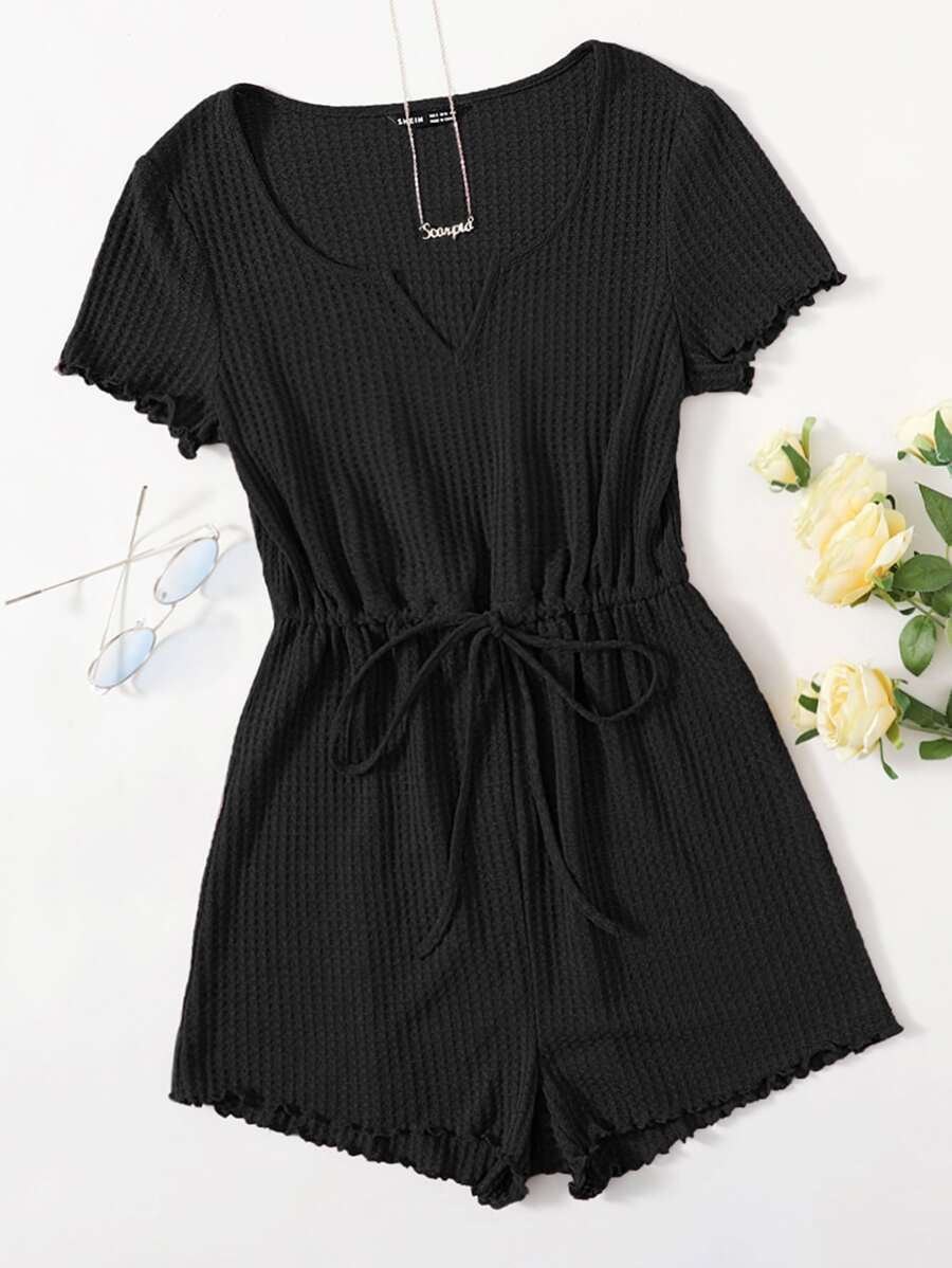 SHEIN EZwear Plus Drawstring Waist Lettuce Edge Romper - Black - View 1
