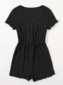 SHEIN EZwear Plus Drawstring Waist Lettuce Edge Romper - Black - View 2