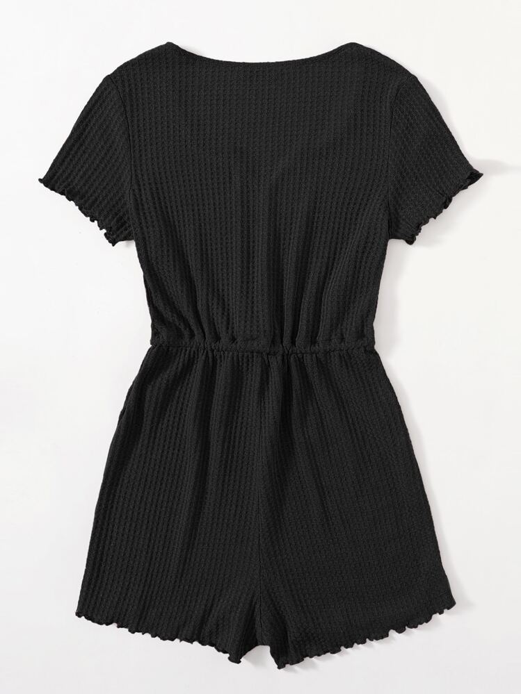 SHEIN EZwear Plus Drawstring Waist Lettuce Edge Romper - Black - View 2