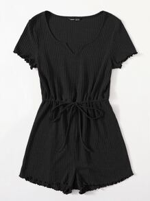 SHEIN EZwear Plus Drawstring Waist Lettuce Edge Romper - Black - View 3