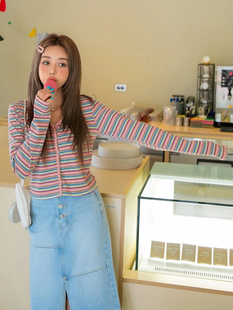Fake Button Through Striped Top