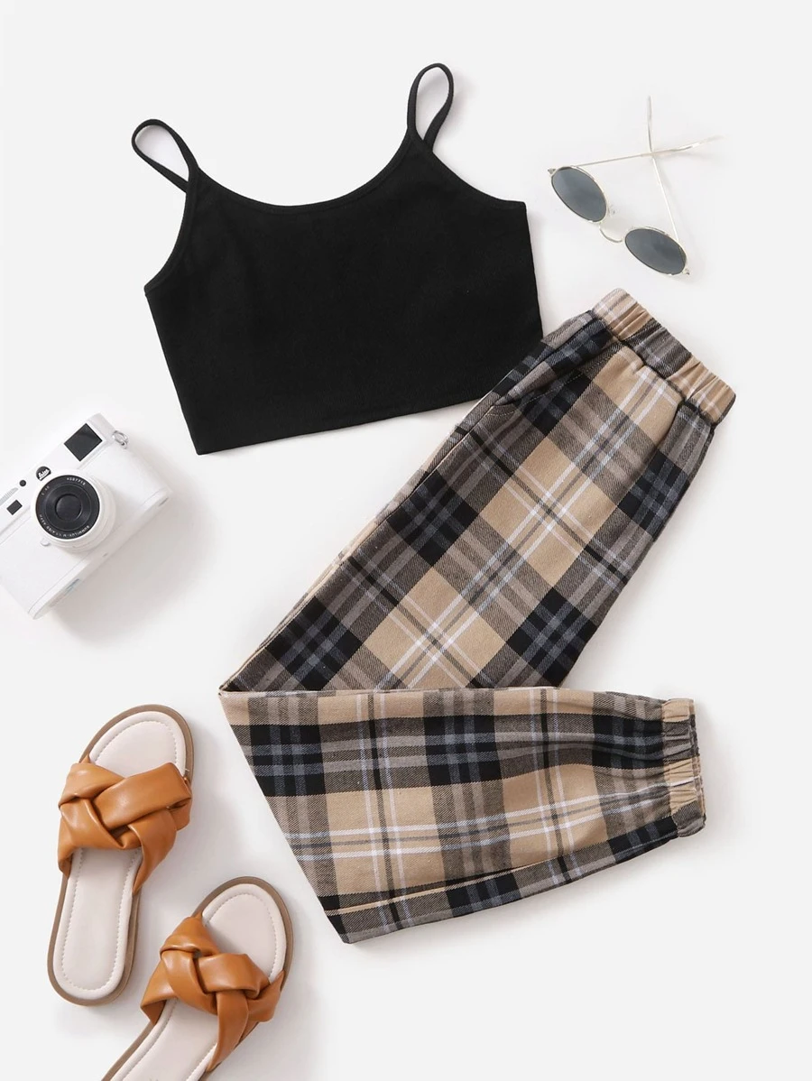 SHEIN Girls Ribbed Knit Crop Cami Top & Plaid Pants - Multicolor - View 1