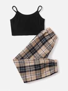 SHEIN Girls Ribbed Knit Crop Cami Top & Plaid Pants - Multicolor - View 2