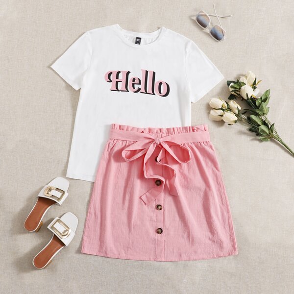 

Plus Letter Graphic Tee & Paperbag Waist Belted Skirt Set, Multicolor