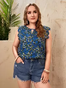 SHEIN VCAY 大码波西米亚风锁孔领扇贝边上衣，适合夏季 - 彩色 - 查看 1