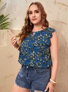 SHEIN VCAY 大码波西米亚风锁孔领扇贝边上衣，适合夏季 - 彩色 - 查看 5