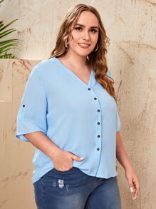 SHEIN LUNE Blusa de manga enrollada con botón tapeta con botón - Celeste - Ver 3