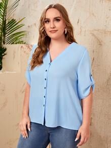 SHEIN LUNE Blusa de manga enrollada con botón tapeta con botón - Celeste - Ver 5