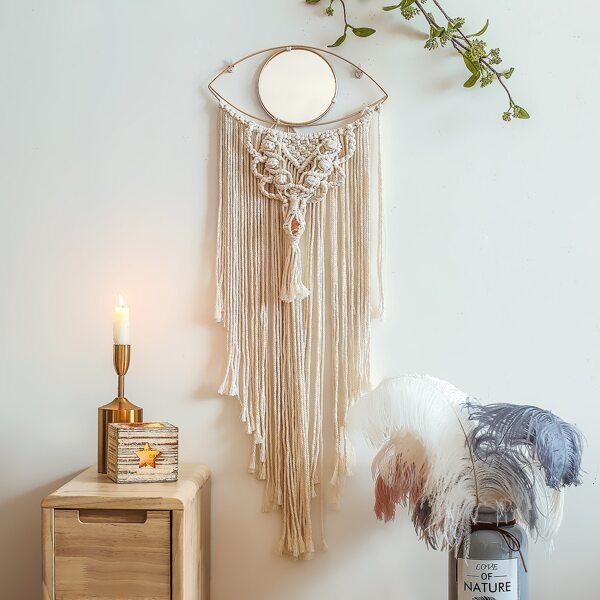 

1pc Woven Eye Wall Hanging Mirror, Beige