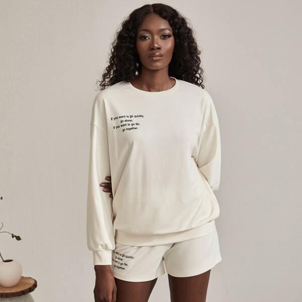 

Slogan Graphic Drop Shoulder Pullover & Shorts, Beige