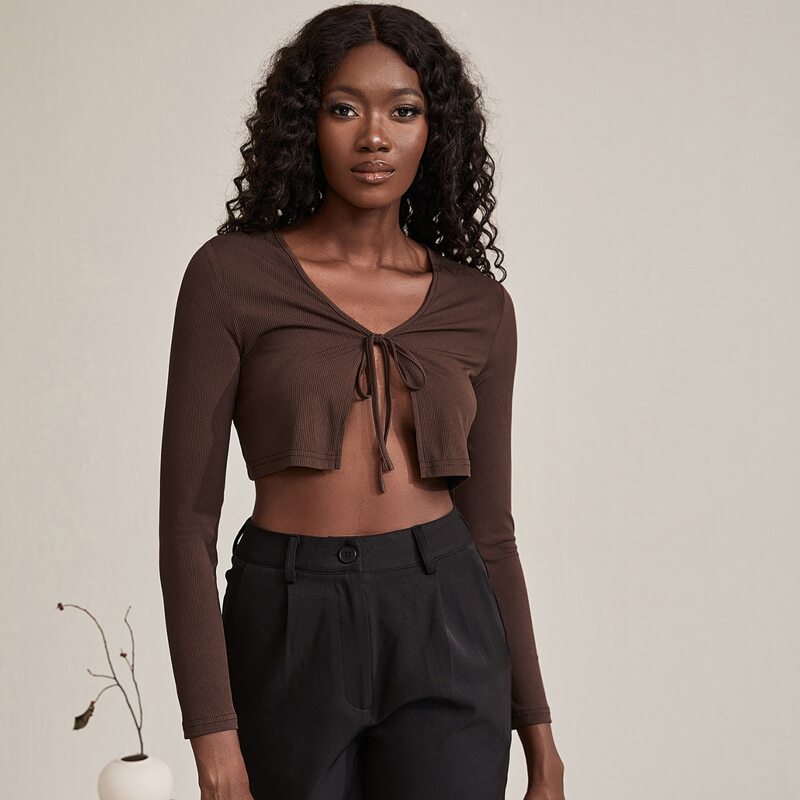 

Tie Front Ribbed Knit Crop Top, Chocolate brown