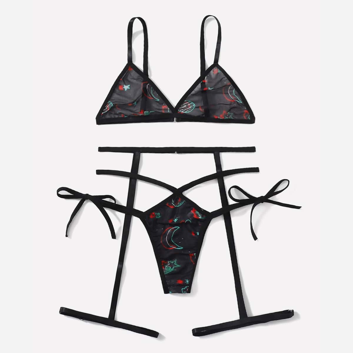 

Galaxy Print Triangle Garter Lingerie Set, Black