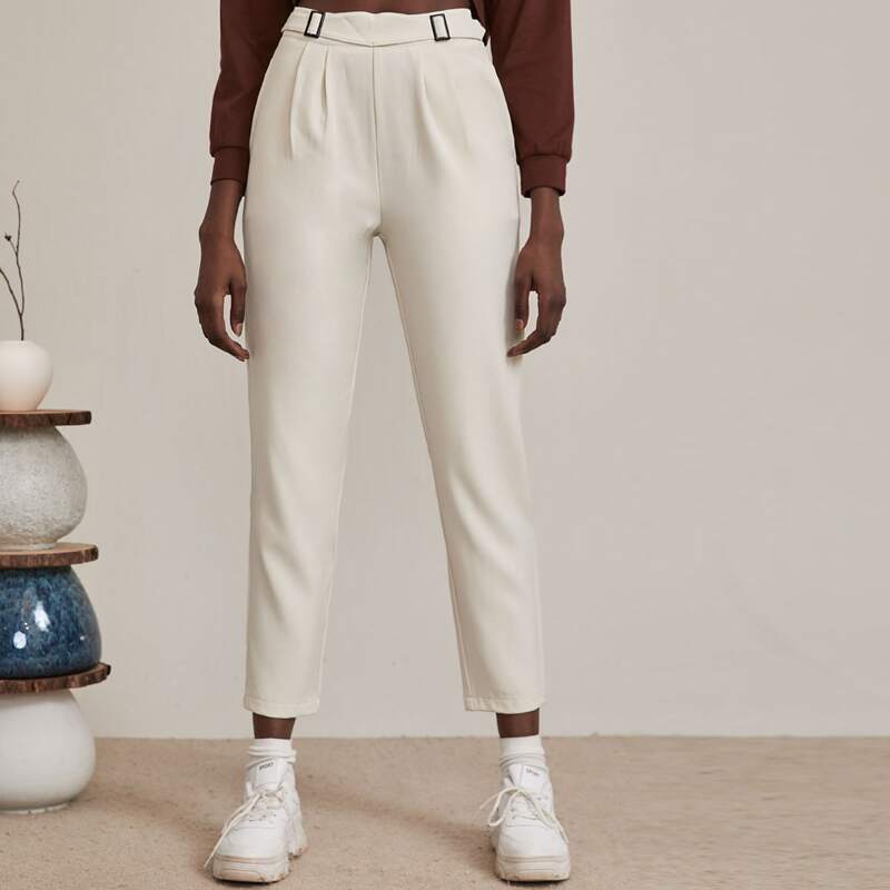 

Solid High Waist Belted Pants, Beige