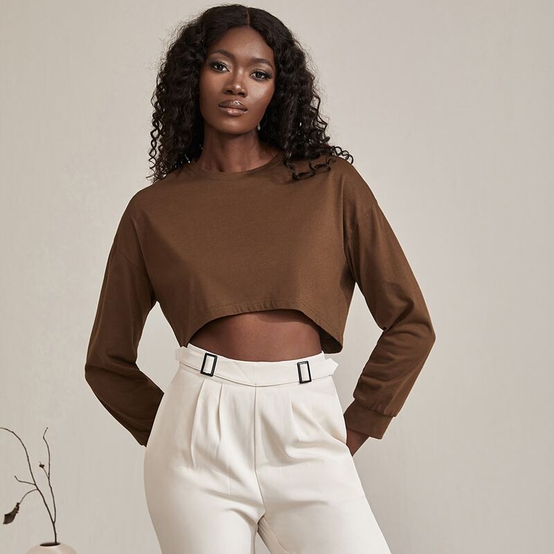 

Drop Shoulder Crop Sweatshirt, Coffee brown