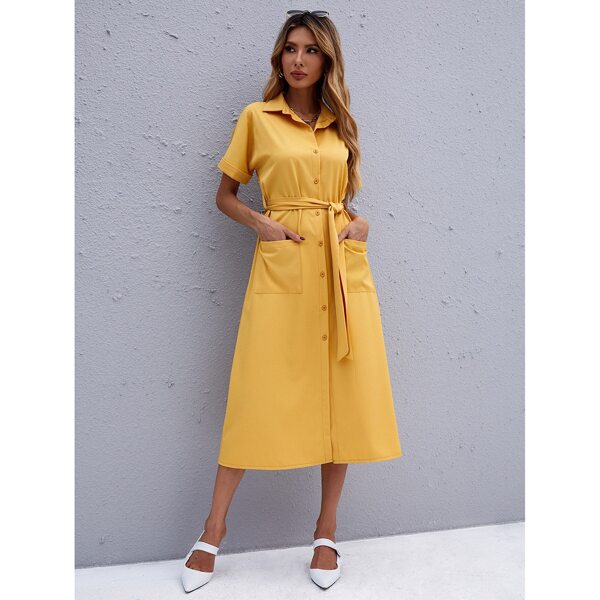 

Single Breasted Pocket Belted Shirt Dress, Yellow