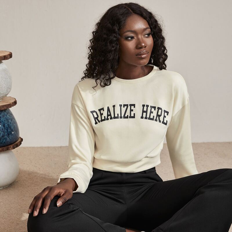 

Letter Graphic Drop Shoulder Crop Sweatshirt, Beige