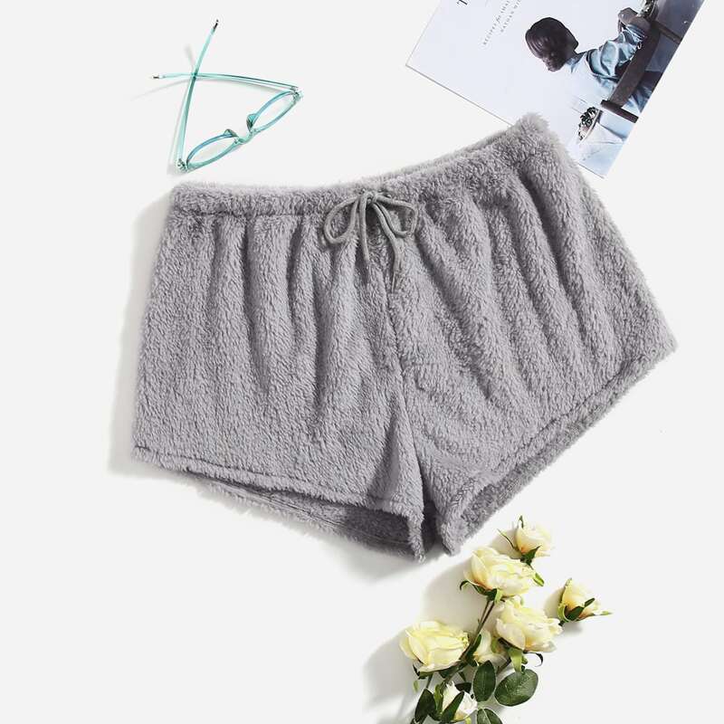 

Plus Drawstring Waist Teddy Sleep Shorts, Grey