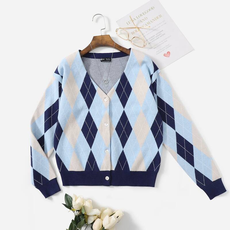 

Argyle Pattern Button Front Cardigan, Multicolor