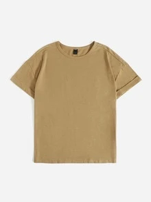 Camiseta unicolor de manga enrollada - Caqui - Ver 3