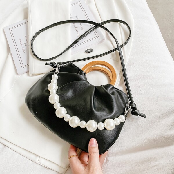 

Faux Pearl Decor Ruched Satchel Bag, Black