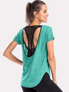 Áo Tees & Tanks Thể thao Lộ Lưng Tương phản ràng buộc Khối Màu - màu xanh lá - Xem 3