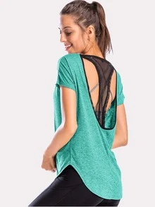 Áo Tees & Tanks Thể thao Lộ Lưng Tương phản ràng buộc Khối Màu - màu xanh lá - Xem 4