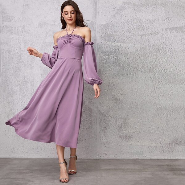 

Frill Trim Lantern Sleeve Halter Dress, Mauve purple
