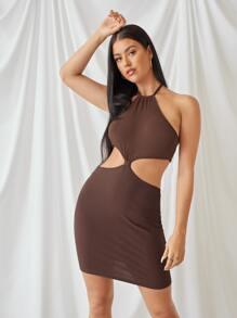 SHEIN Đầm Lộ Lưng Xù Buộc lại Gân đan màu trơn Gợi cảm - Màu nâu Sô-cô-la - Xem 1