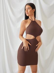 SHEIN Đầm Lộ Lưng Xù Buộc lại Gân đan màu trơn Gợi cảm - Màu nâu Sô-cô-la - Xem 4